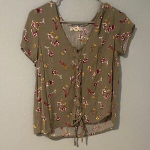 Pink Republic Olive Floral Lace-Up Short Sleeve Blouse